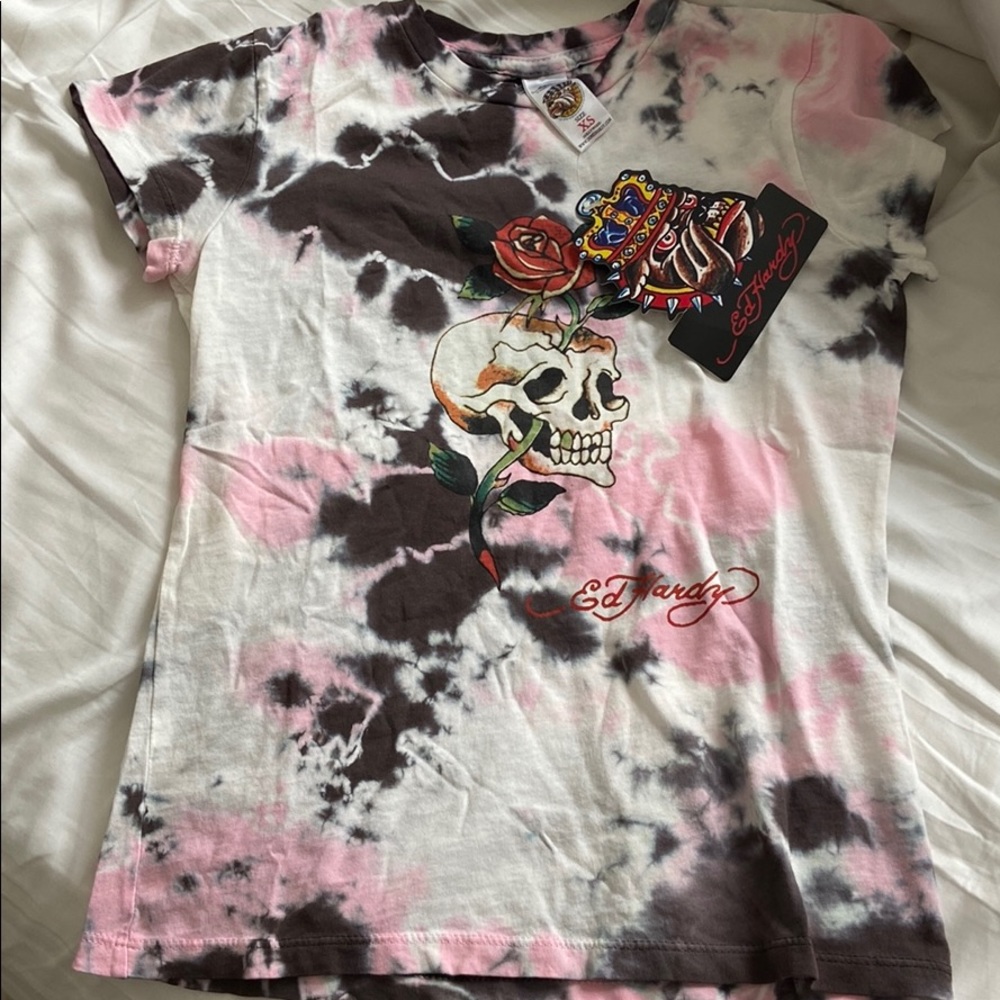 Ed Hardy Tye Dye Skull Rose Tee NWT